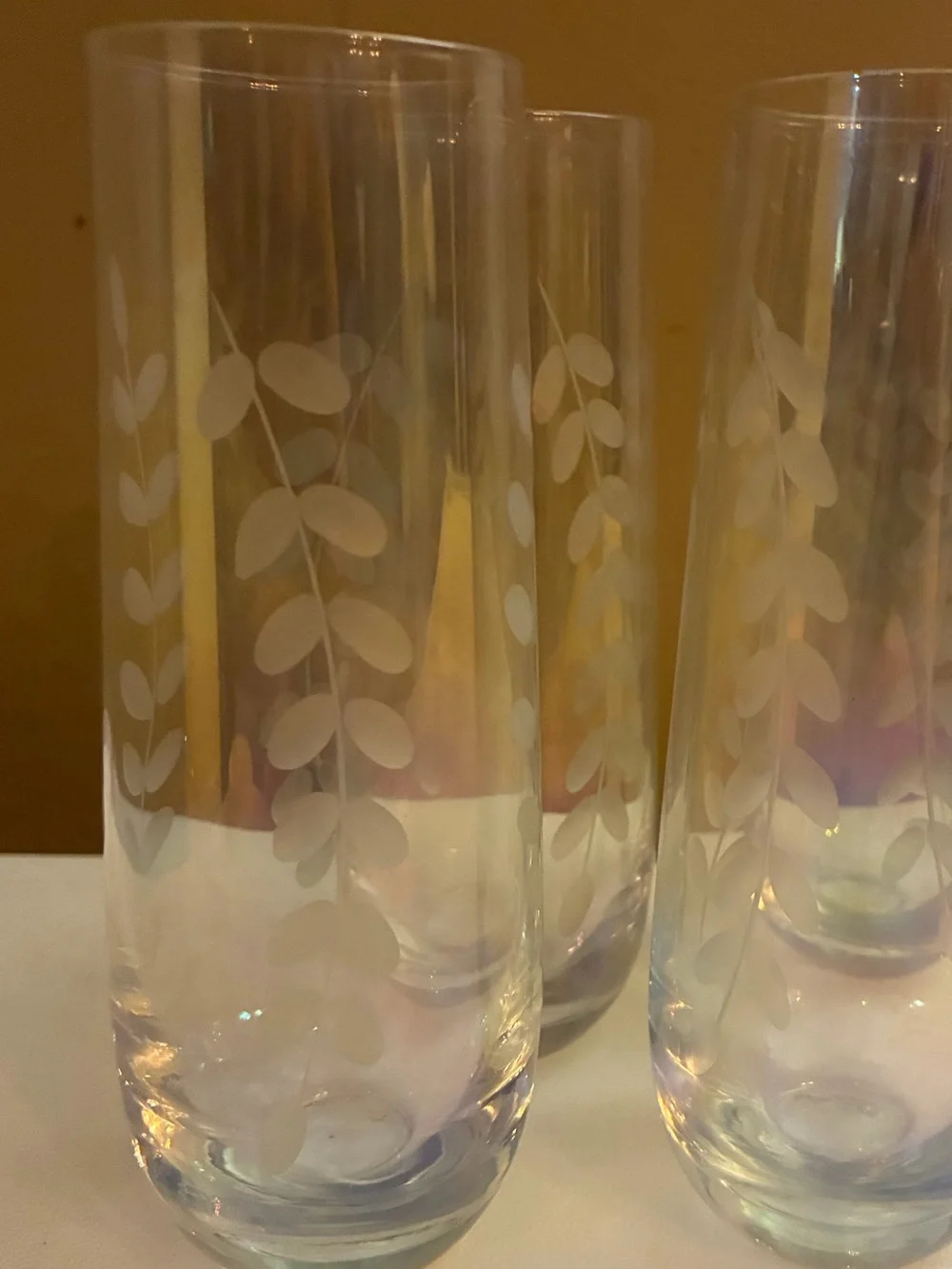 Set of 4 Indigo Etched Vine Botanical Stemless Champagne Flutes Wine Glasses